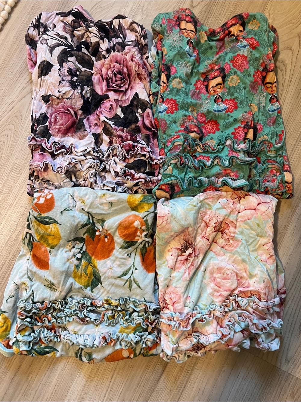 Posh Peanut Floral & Citrus Ruffle Footie Pajama Set - Pink, Green, Orange, Blue